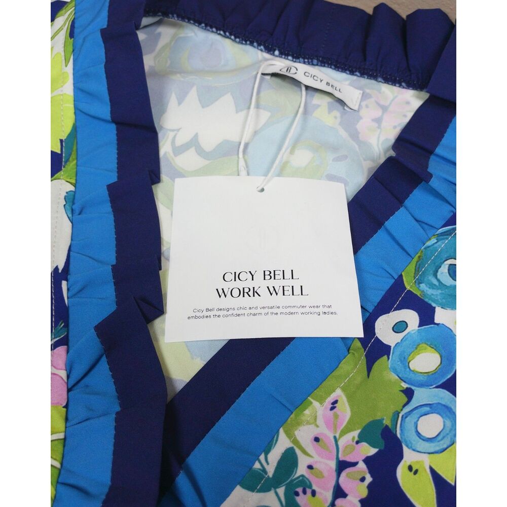 Cicy Bell XL Floral Blouse Blue Green Ruffle V Neck Puff Elbow Sleeve Boho NWT - Picture 6 of 13